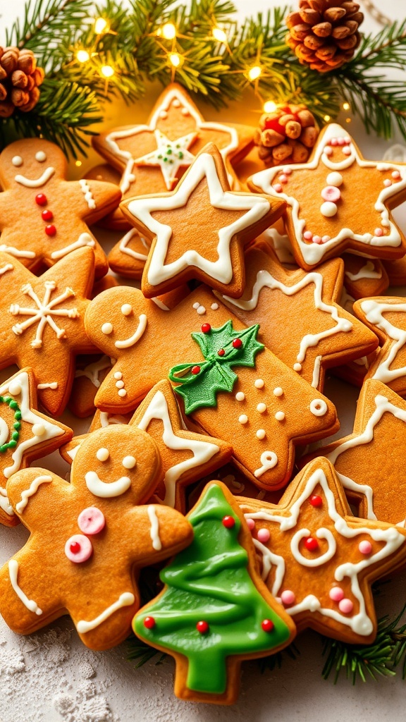 Decorated gingerbread cookies in festive shapes on a holiday-themed table.